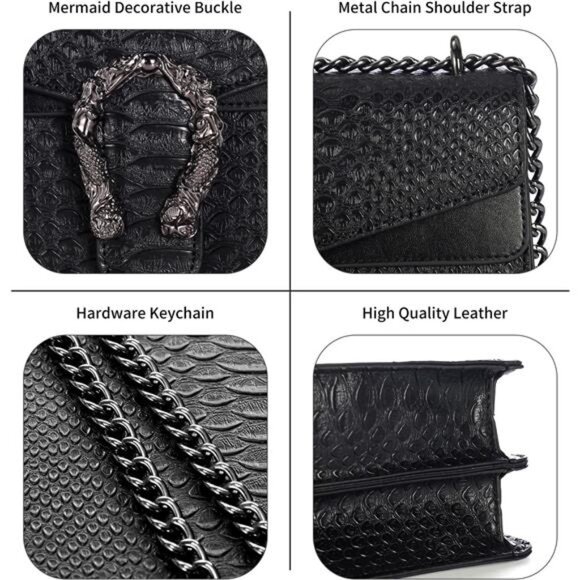 Women Leather Shoulder Bag Snake Print Crossbody Purse Square Chain Handbag - Picture 5 of 7